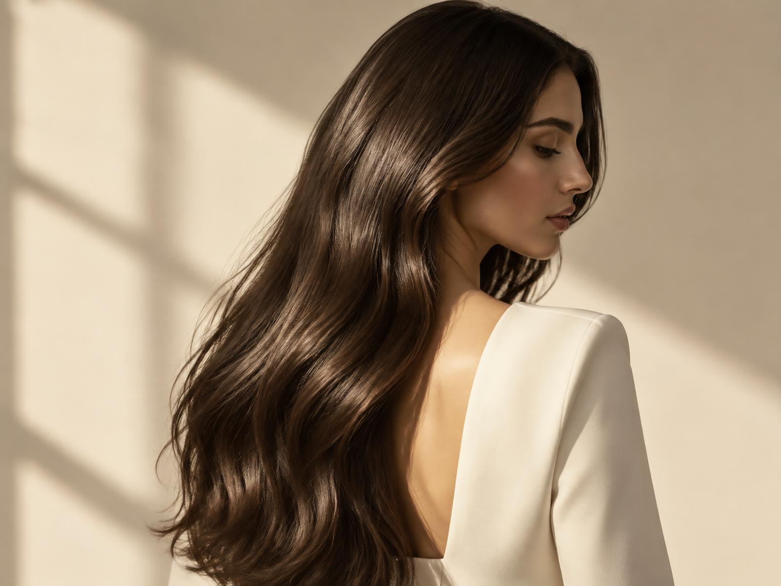 Long, smooth, luminous hair in warm editorial light