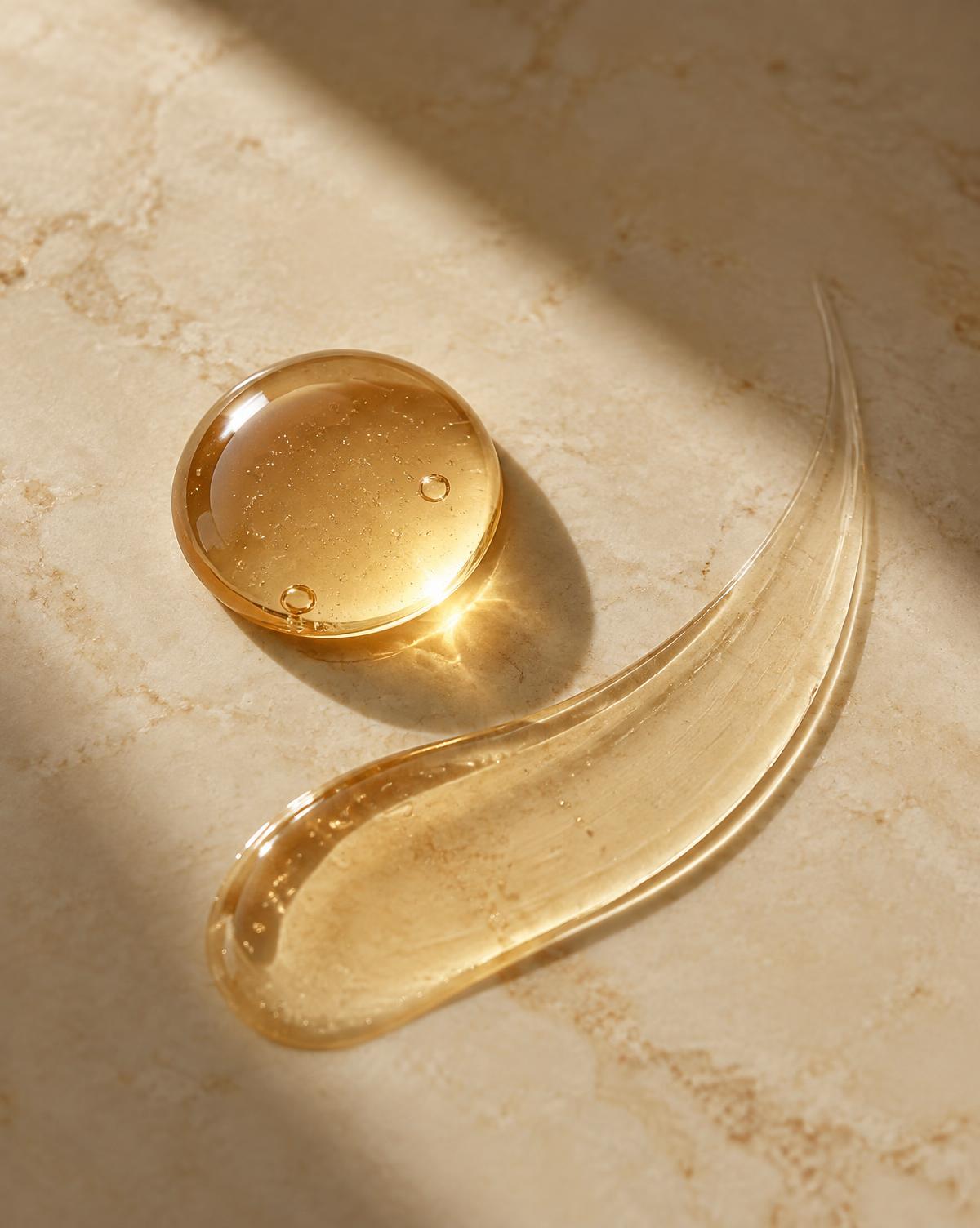 Golden serum texture on warm ivory stone